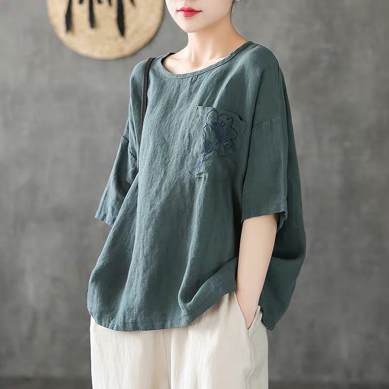 Women Flower Embroidered O-Neck Cotton Linen T-shirts