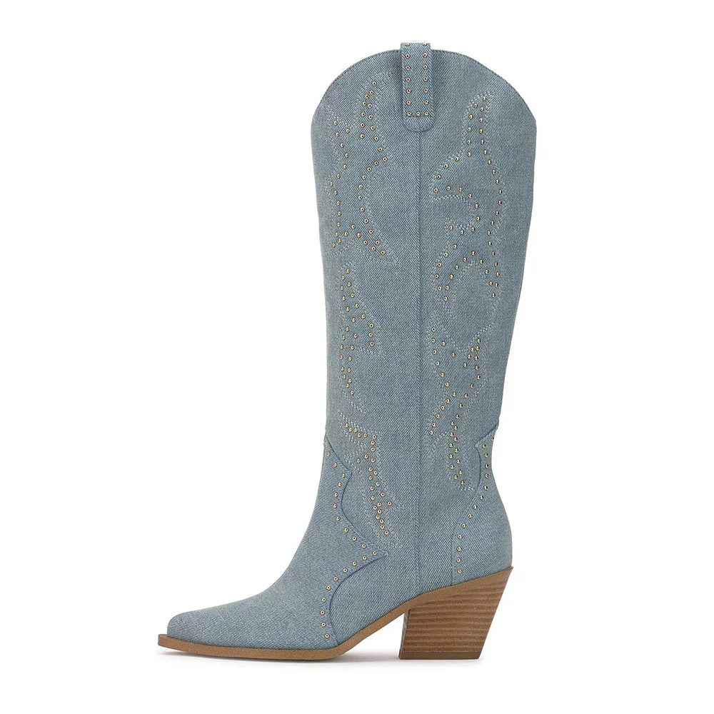 Blue Studded Embroidered Patchwork Pointed Toe Denim Cowboy Boots