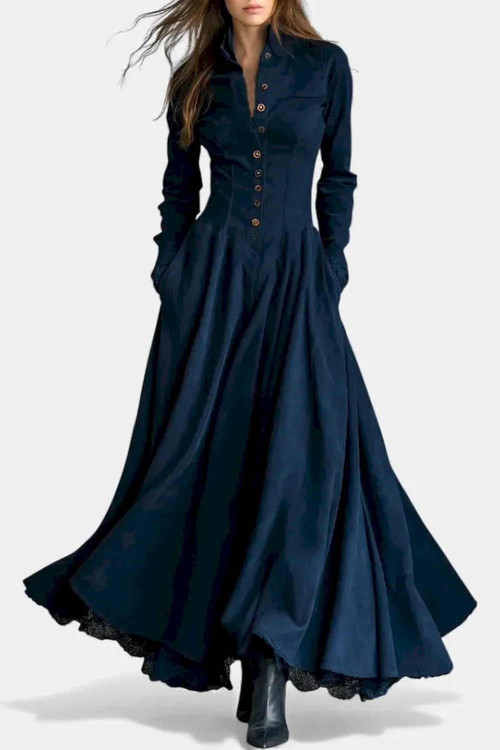 Faux Suede Maxi Dress with Shirt Collar and Lace