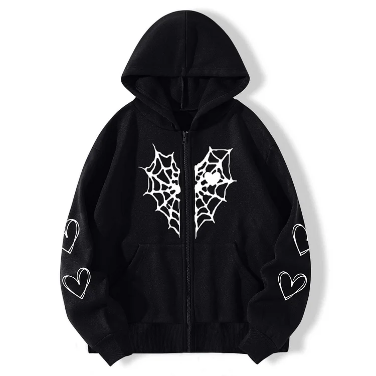 Eslicerpro fall outfits women Women Heart Print Gothic Long Sleeve Hoodlies Zipper Thermal Hoodie With Pocket Coat Still Hoodies Women