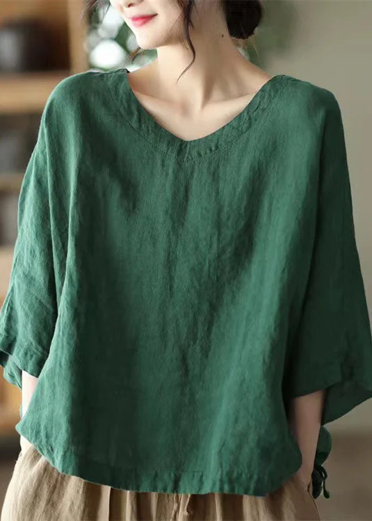 Grace Green O-Neck Embroidered Linen Top Long Sleeve