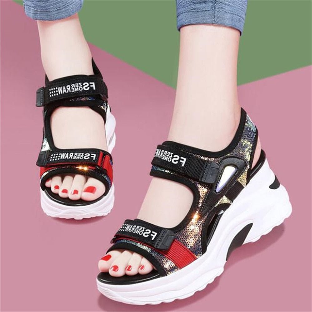 Summer Women's Sports Beach Sandals 2021 New Casual Bling Slope Heel Muffin Thick Sole Inside Increased Roman Mixed Colors Shoes