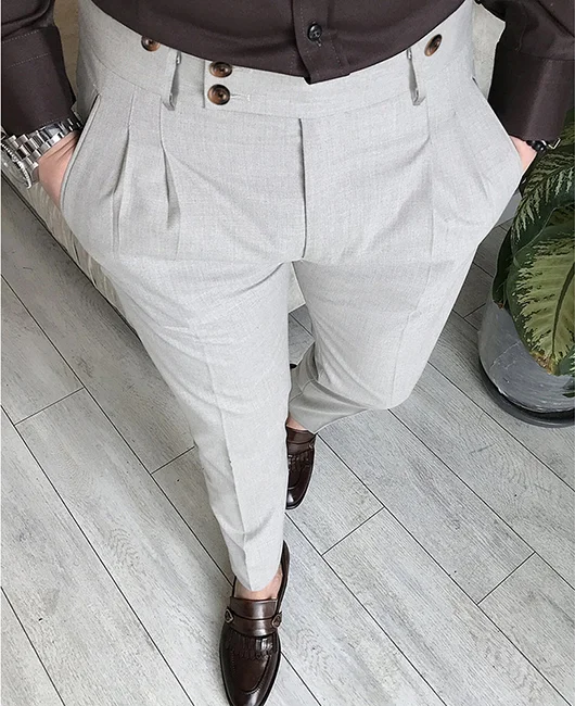 Business Casual Buttons Slant Pocket Pleats Suit Pants 