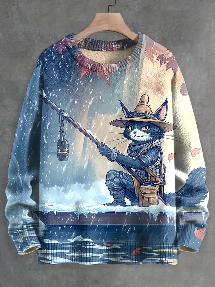 Men's Fishing Cat Mage Snow Cartoon Art Knit Sweatshirt