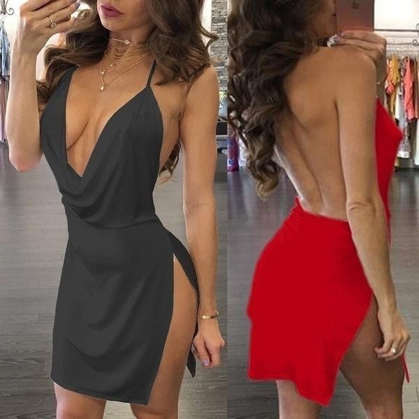 Fashion Women Halter Neck Plunged Dress Backless Party Dress Mini Dress - Life is Beautiful for You - SheChoic