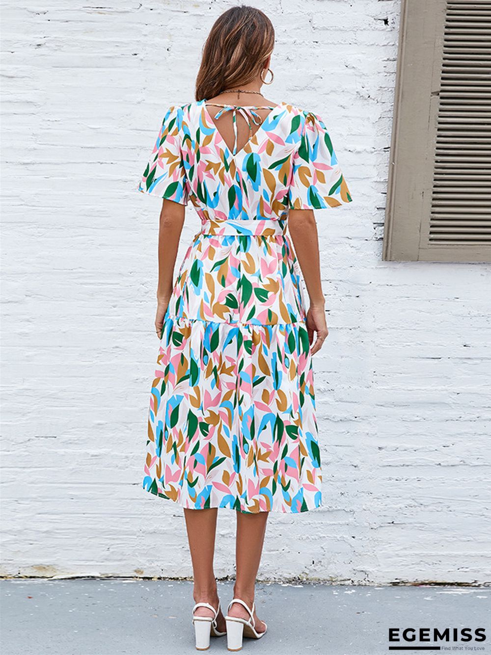 Bubble Sleeve V-neck Strapping High Waist Long Dress | EGEMISS