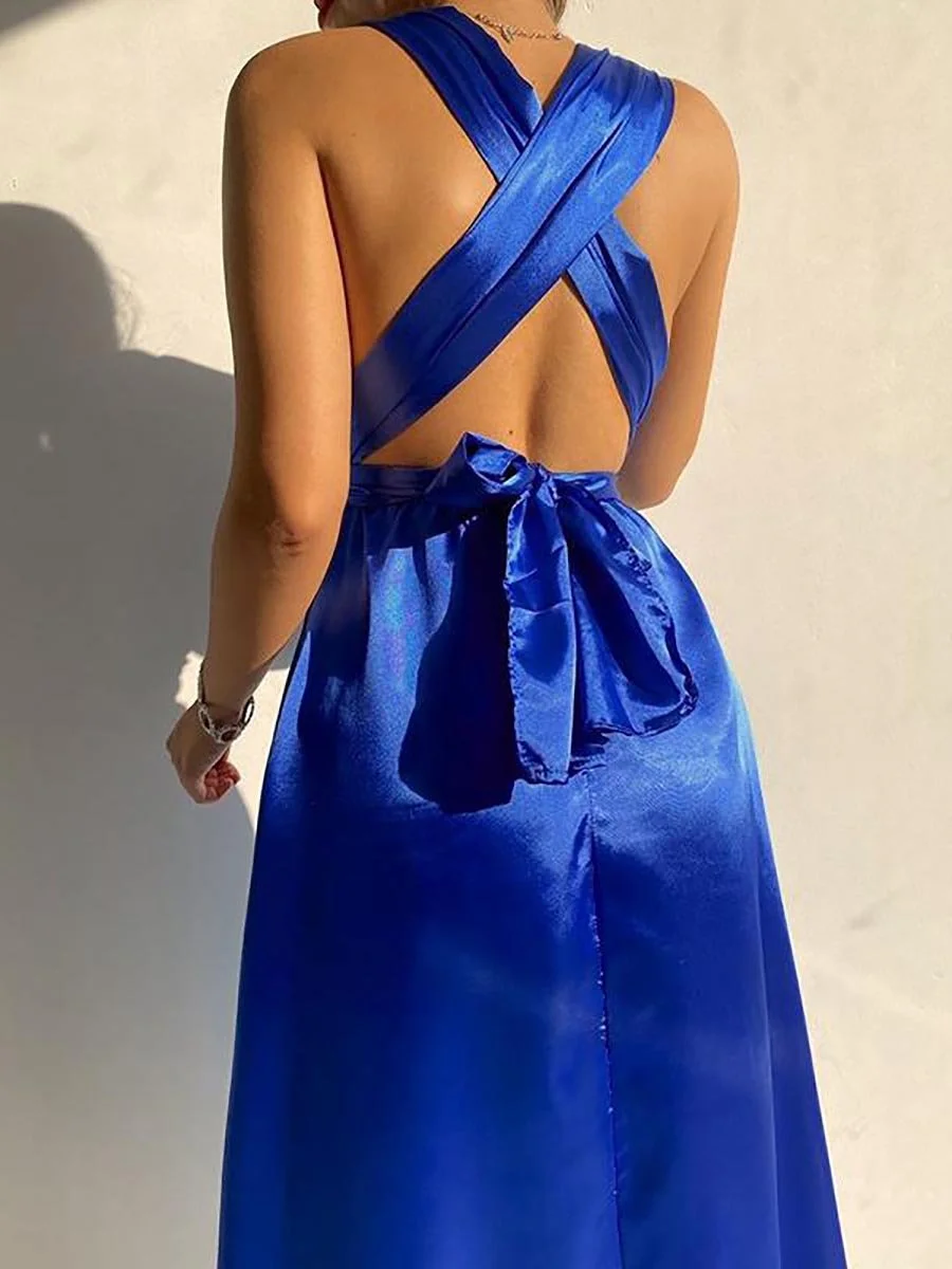 Stylish V-Neck Sleeveless Satin Midi Dress