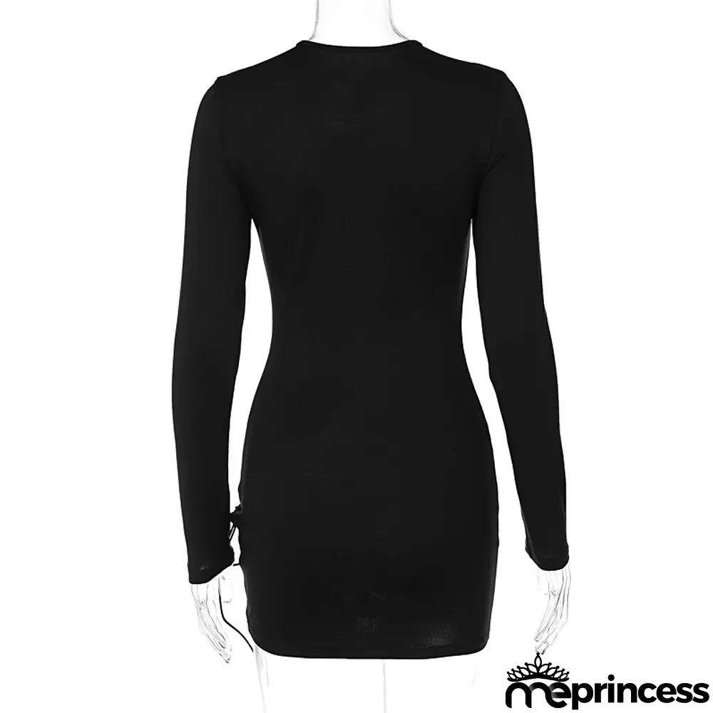 Women Sexy Hollow Tie V-neck Long Sleeve Bodycon Dress
