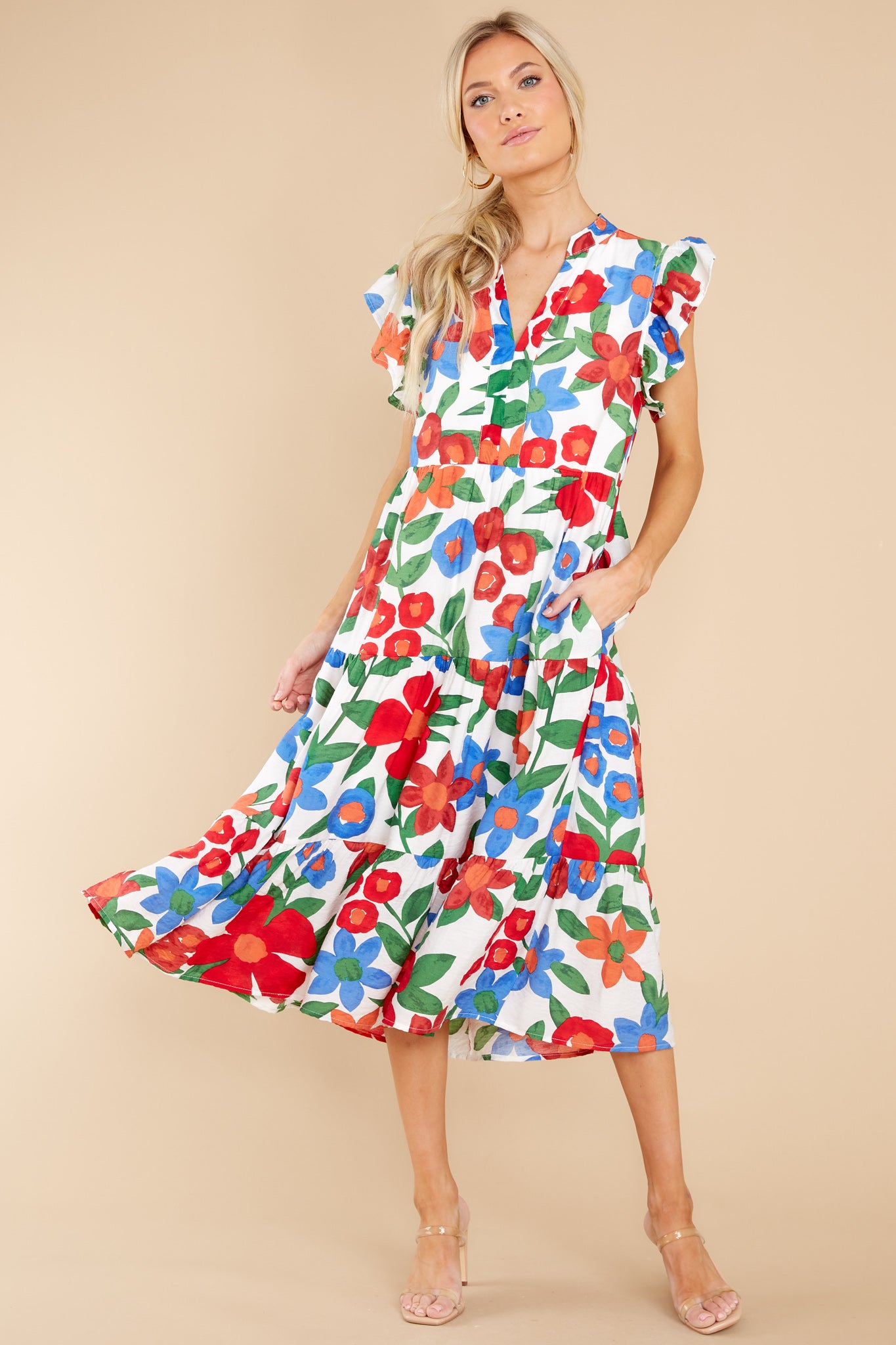  thdmladies Joyful Celebration White Multi Floral Print Midi Dress thedmladies