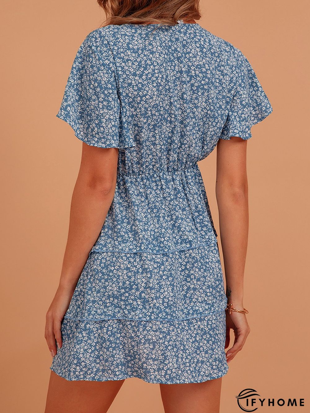 Blue Sweet V Neck Silk-Chiffon Weaving Dress | IFYHOME