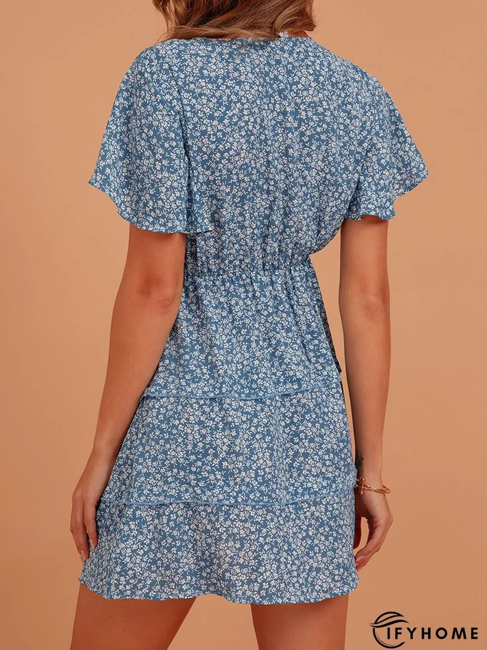 Blue Sweet V Neck Silk-Chiffon Weaving Dress | IFYHOME