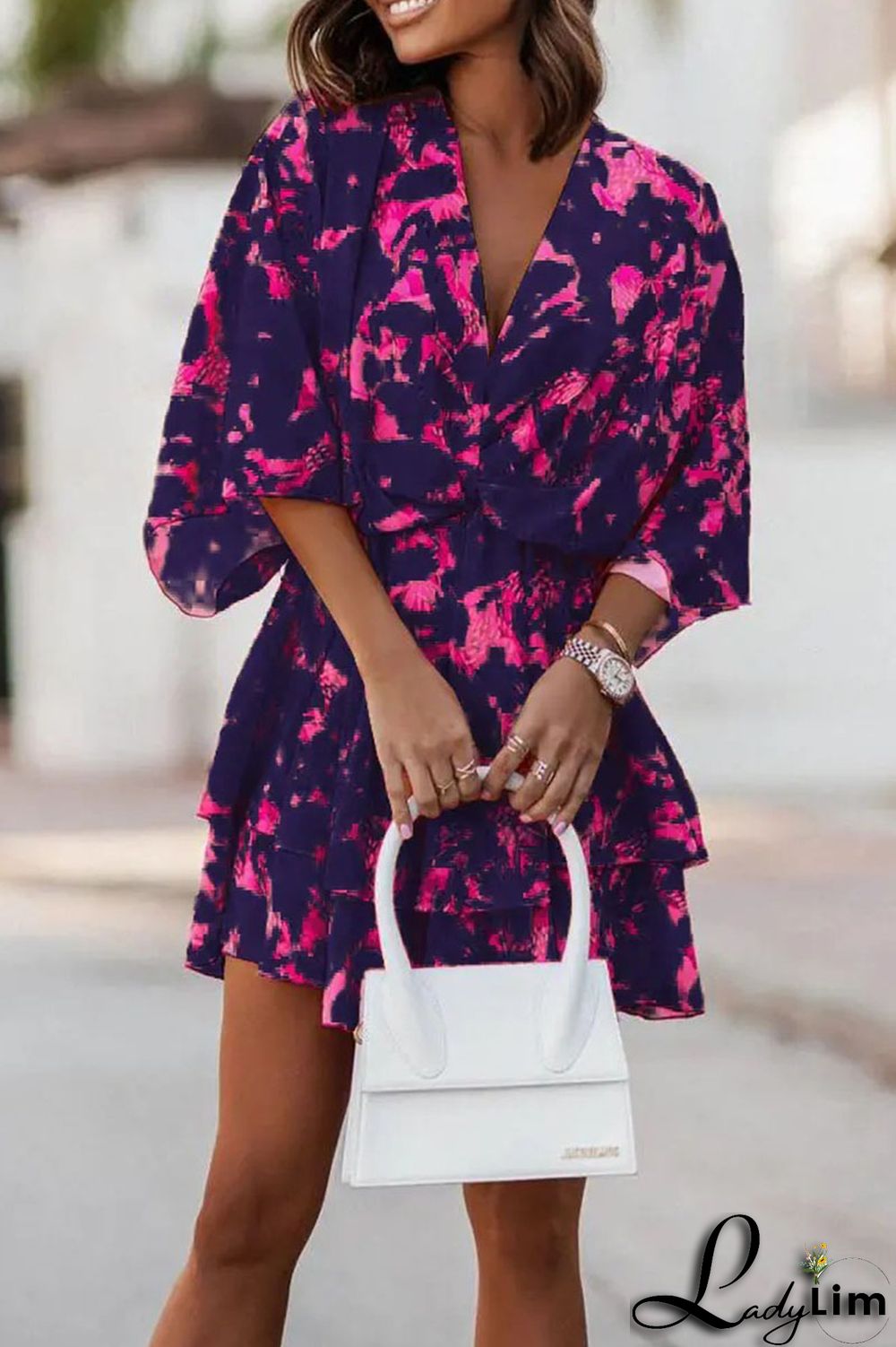 Sky Blue Casual Print Patchwork V Neck Dresses