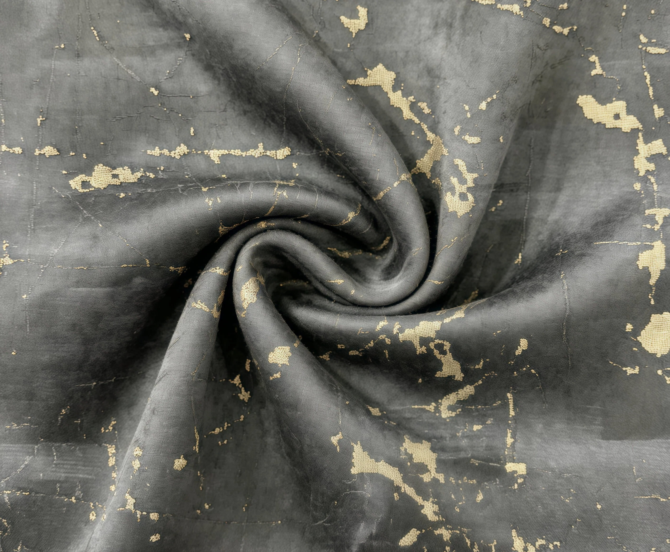 Black Satin-Like Fabric with Abstract Gold Print, Luxury Draped Material for Evening Wear & Sewing