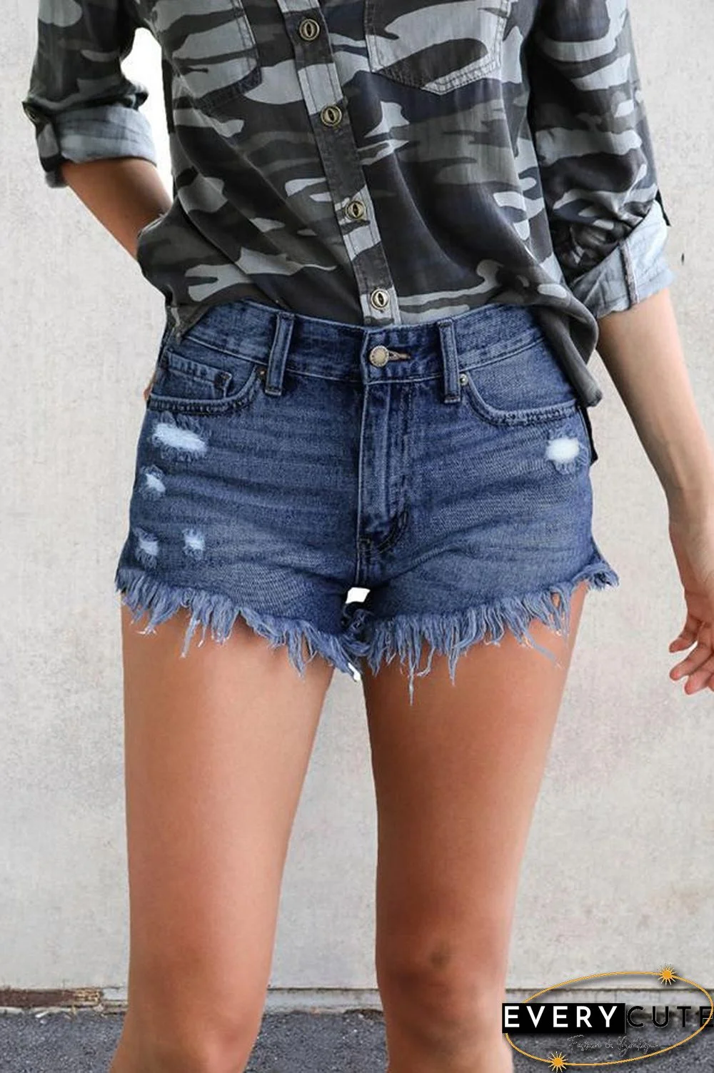 Ripped Fringed Stretch Denim Shorts P14394