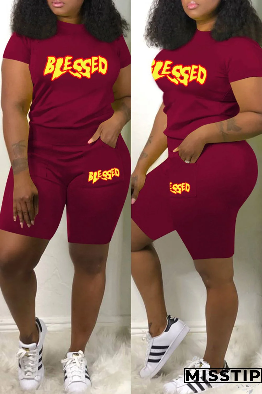 Burgundy Casual Letter Print Basic O Neck Short Sleeve Two Pieces