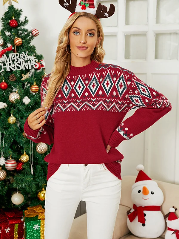 Christmas Long Sleeves Roomy Stamped Round-Neck Sweater Tops