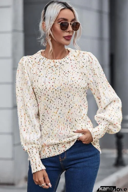 Heathered Round Neck Lantern Sleeve Sweater