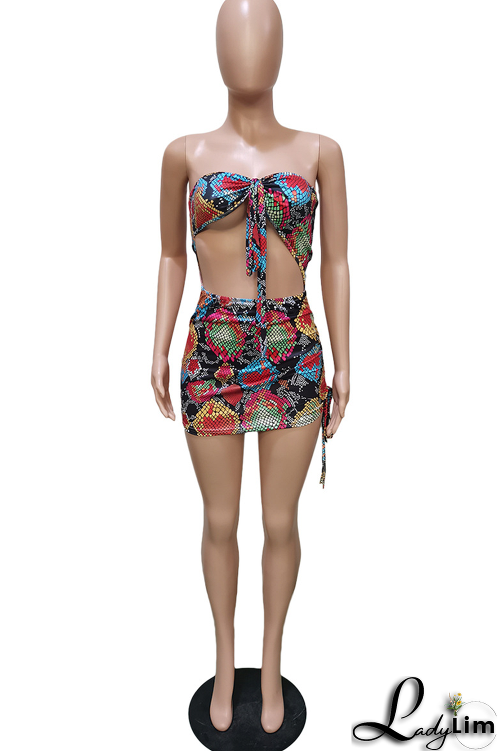 Pink Sexy Animal Print Draw String Halter Pencil Skirt Dresses
