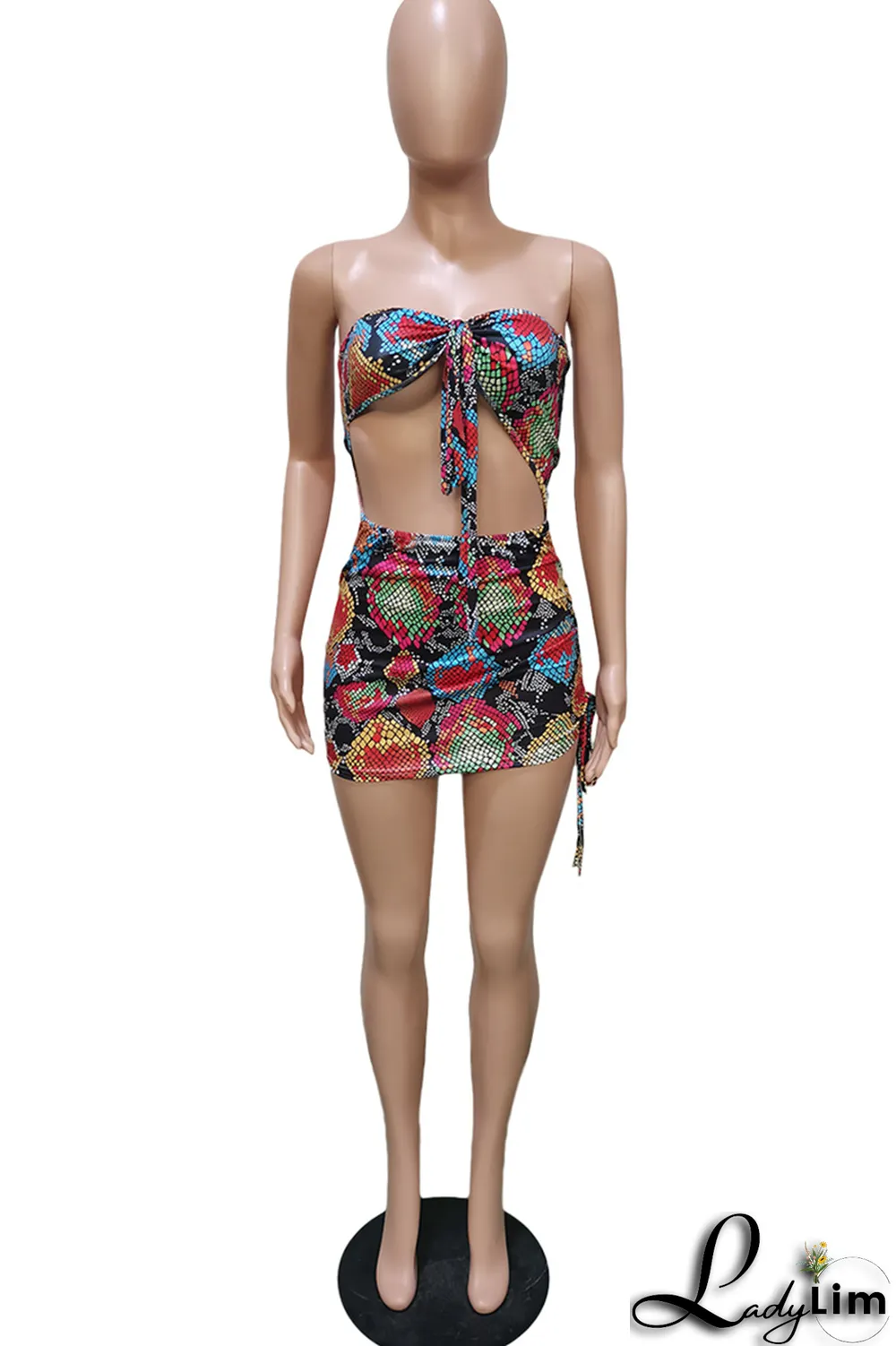 Pink Sexy Animal Print Draw String Halter Pencil Skirt Dresses