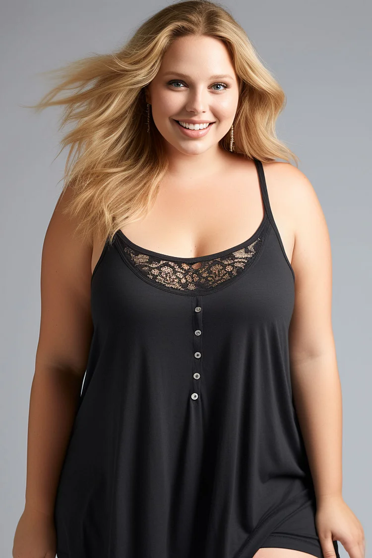 Flycurvy Plus Size Everyday Black Lace Patchwork Buttons Decor Loose Cami  Flycurvy [product_label]