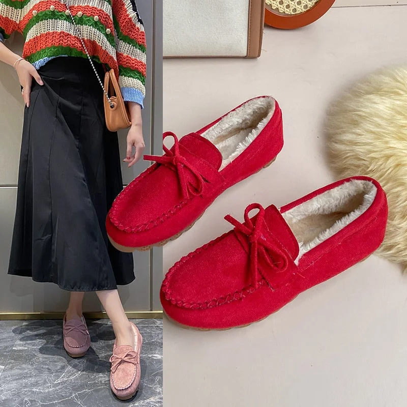 Graduation Gifts  Winter Shoes Women Flat Shoes Casual fur Loafers Slip On Women's Flats Shoes Imitation leather Lady butterfly-knot size 35-43