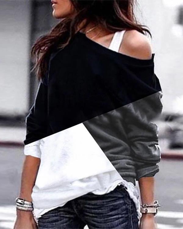 Color Block One Shoulder Stylish Women Daily Fashion Fall Tops Blouses