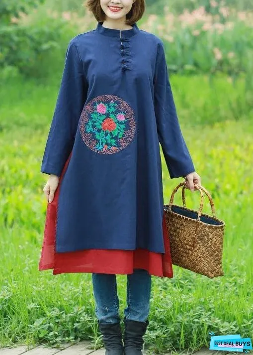 Women Red Embroidery Quilting Clothes Stand Collar Long Spring Dress