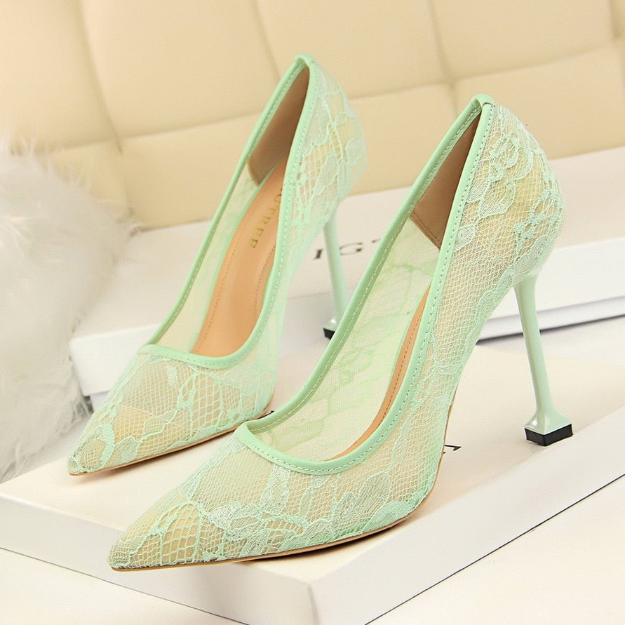 Western Style Fashion Sexy Nightclub Lace Hollow out Mesh Slimming Shallow Mouth Pointed High Heel WOMEN'S Shoes