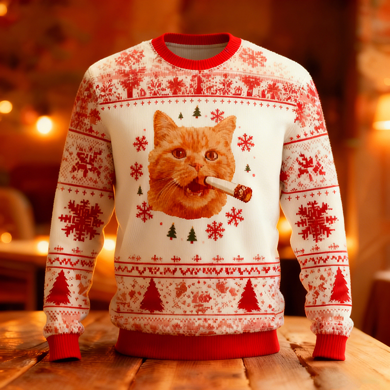 Cute And Quirky Cat Pattern Warm Crew Neck Sweater elevenforest