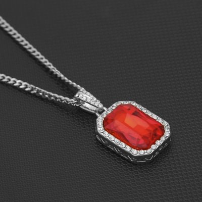 Red Square Ruby Pendant Iced Out Full Bling Rhinestone Necklace