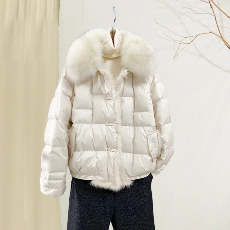 Woherb Chinese Style Fashion Retro Plate Buckle Mink Door Skirt Down Jacket Women's Short Style Warm Big Fur Collar Coat Tide-Outfit Ideas