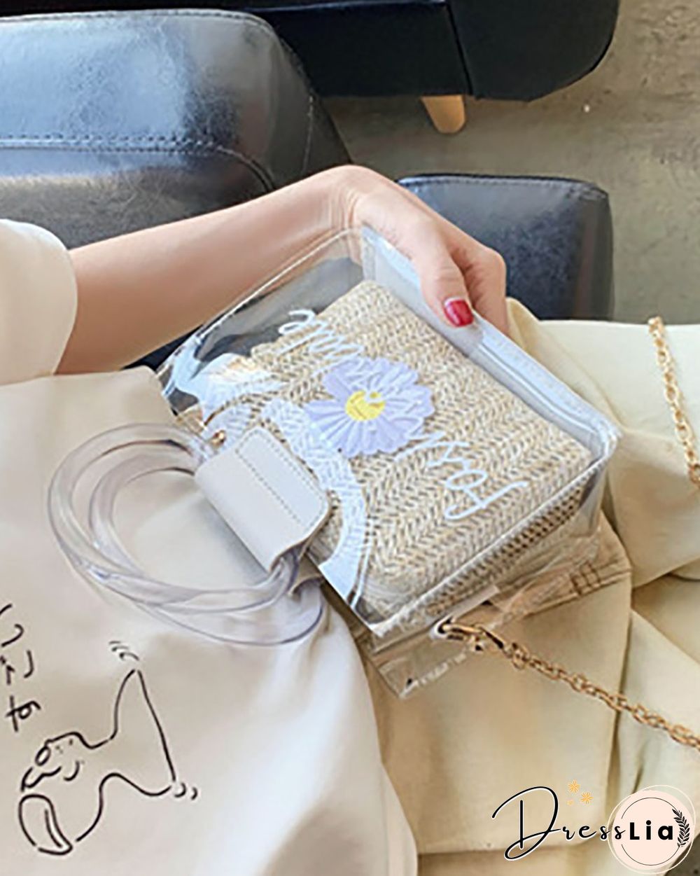 Clear Letter Print Floral Pattern Satchel Bag