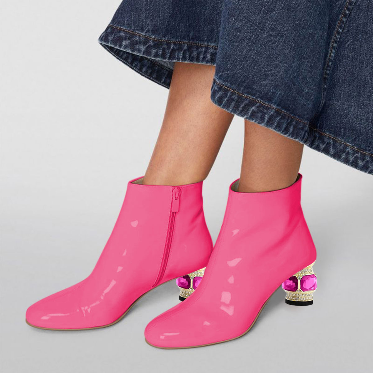 Pink Patent Leather Round Toe Decorative Heel Side-Zip Ankle Boots Nicepairs