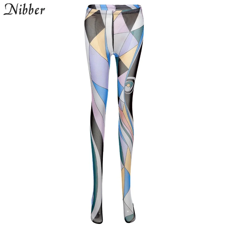 Nibber Vintage Y2K Style Print Foot Pants For Women's Skinny Body-shaping Leggings 2021 Hot Sexy Mesh Streetwear Trousers Female