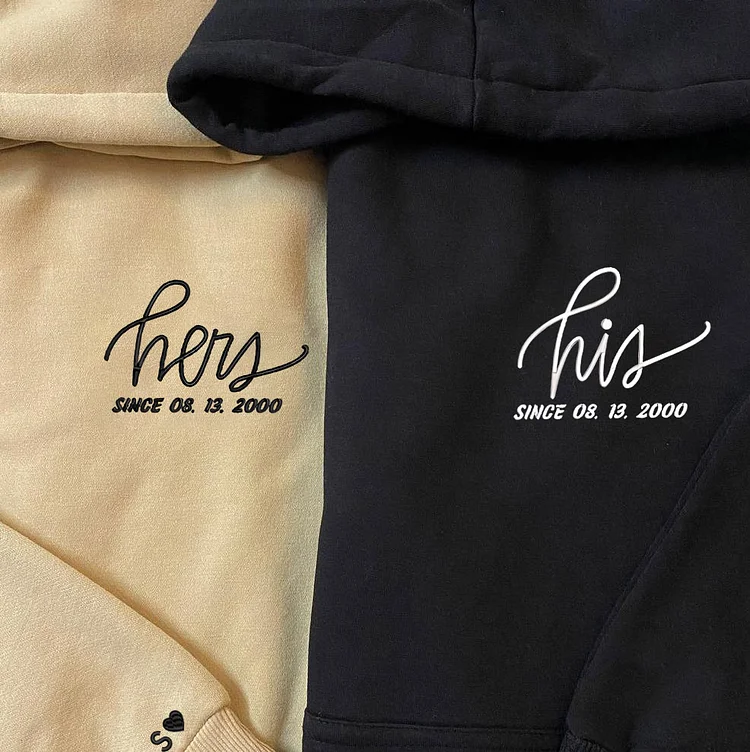 Custom Her and His Embroidered Sweatshirts, Matching Couples Embroidered Shirts, Custom Name And Heart On Sleeve, Valentine Day's Gift
