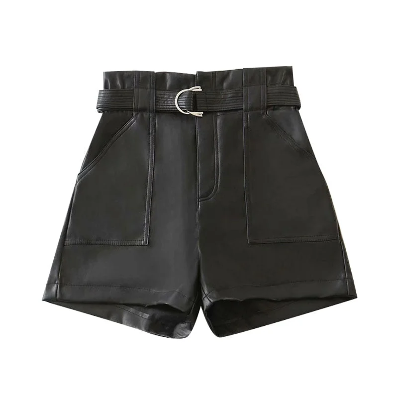 KPYTOMOA Women 2020 Chic Fashion With Belt Faux Leather Shorts Vintage High Waist Zipper Fly Pockets Female Short Pants Mujer