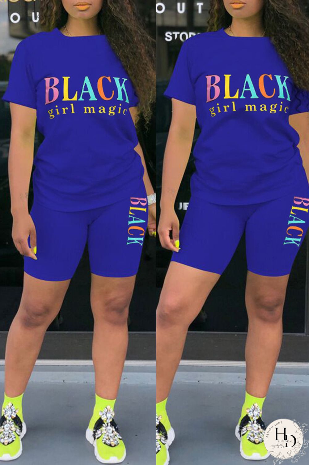 Black Fashion Casual Letter Print Basic O Neck Short Sleeve Two Pieces