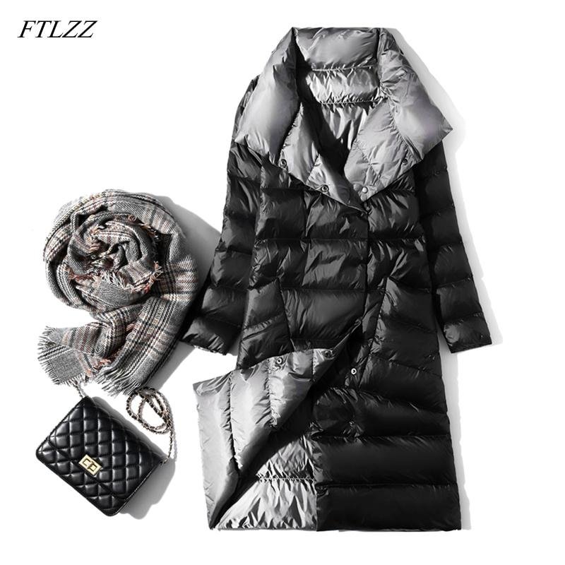 FTLZZ Ultra Light Long Jacket Women Winter Double Sided Slim White Duck Down Coat Single Breasted Turtleneck Warm Parkas