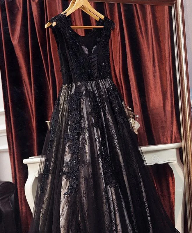 Black Lace Tulle Long A Line Prom Dress, Black Evening Dress