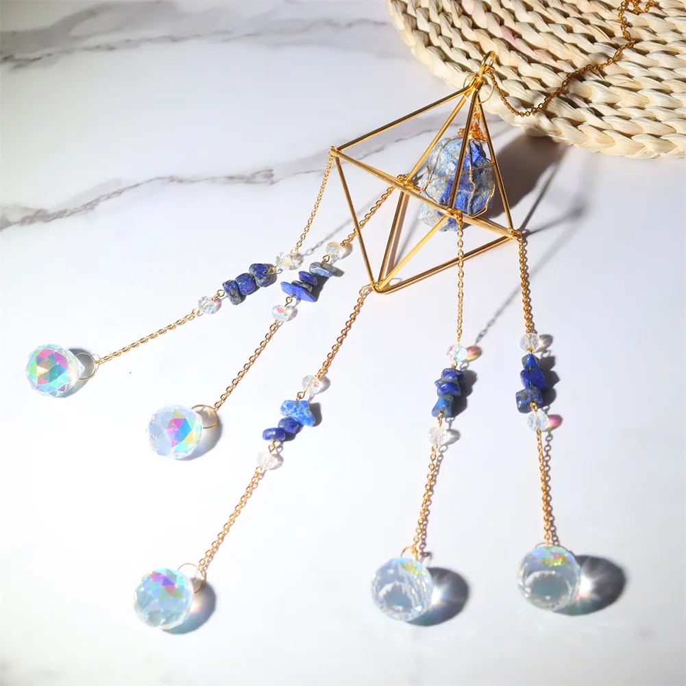 Crystal Wind Chimes Natural Stone Prism Light Catcher Decor (Dark Blue)