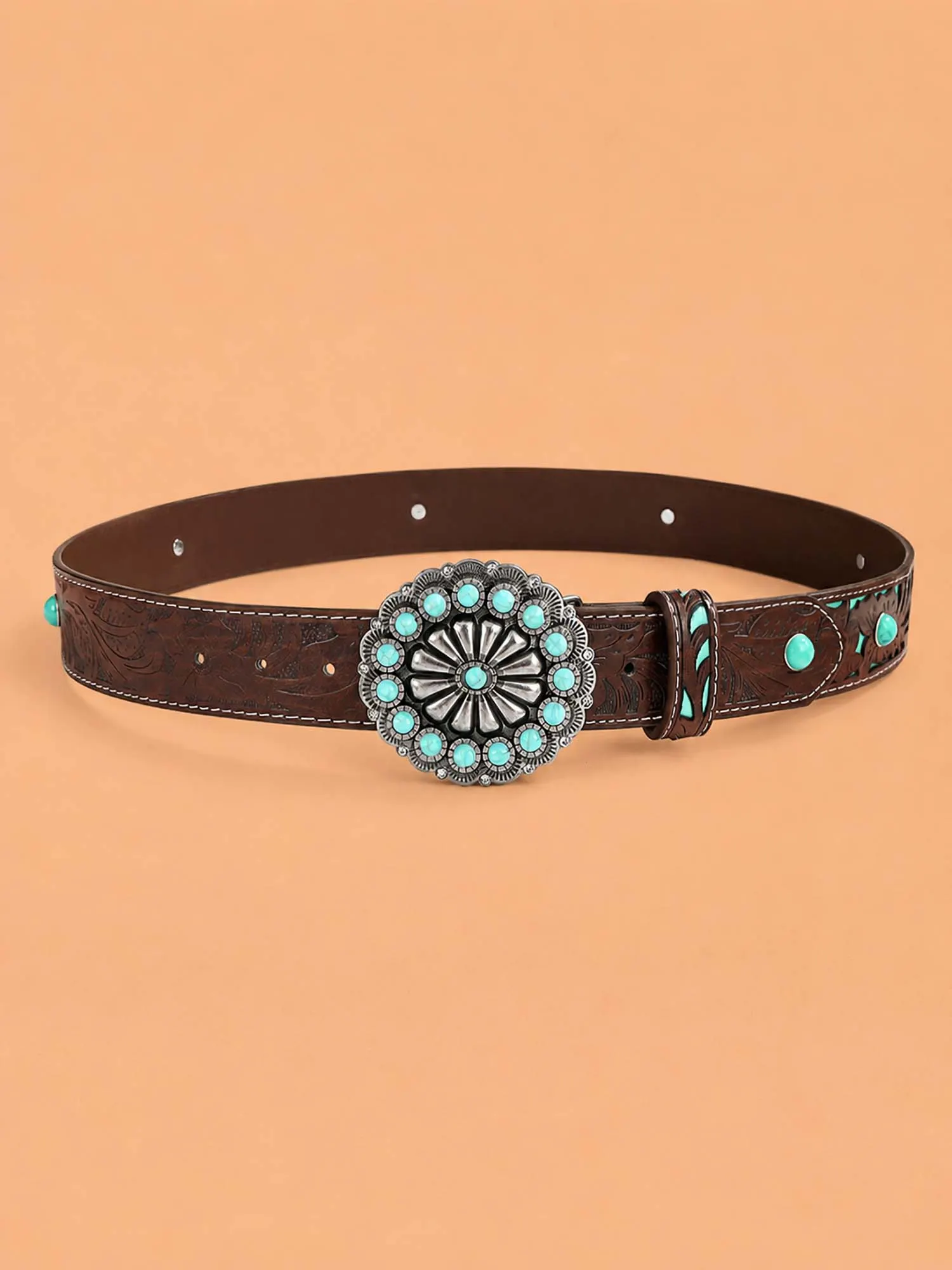Perfect For A Country Music Festival &mdash; Coffee Brown Turquoise Inlaid Embossed Leather Women'S Western Belt