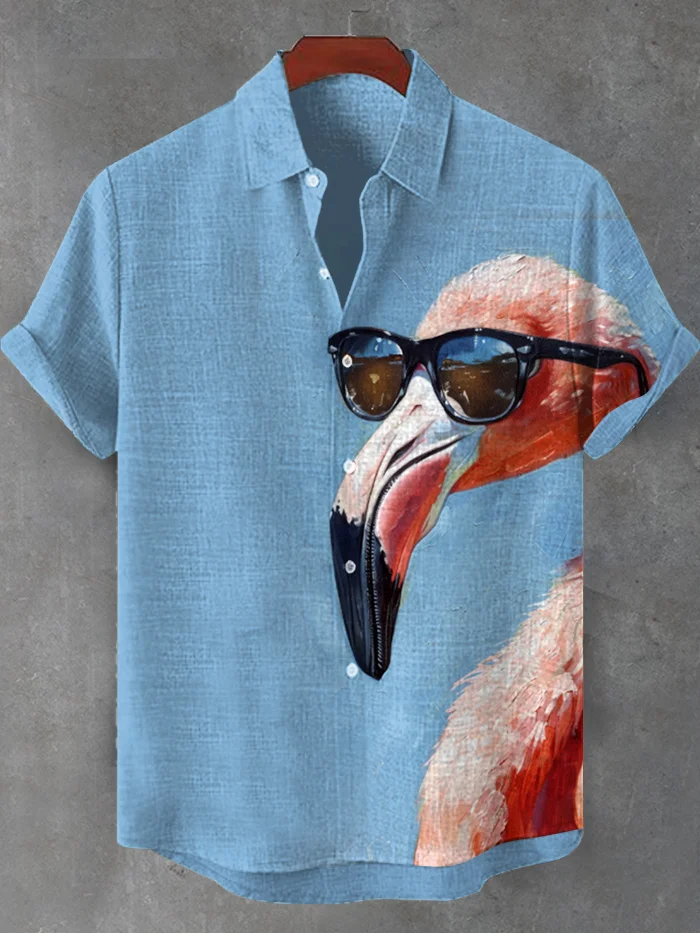 Men's Cool Sunglasses Flamingo Oil Painting Print Casual Shirt