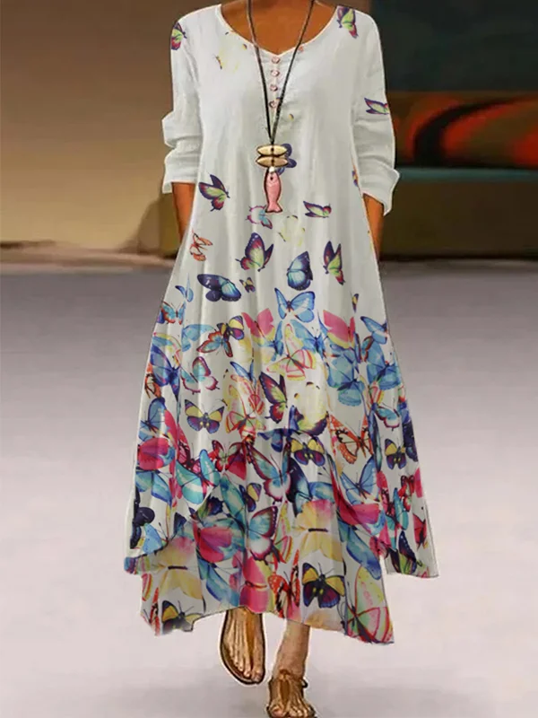 Round neck butterfly print long sleeve dress