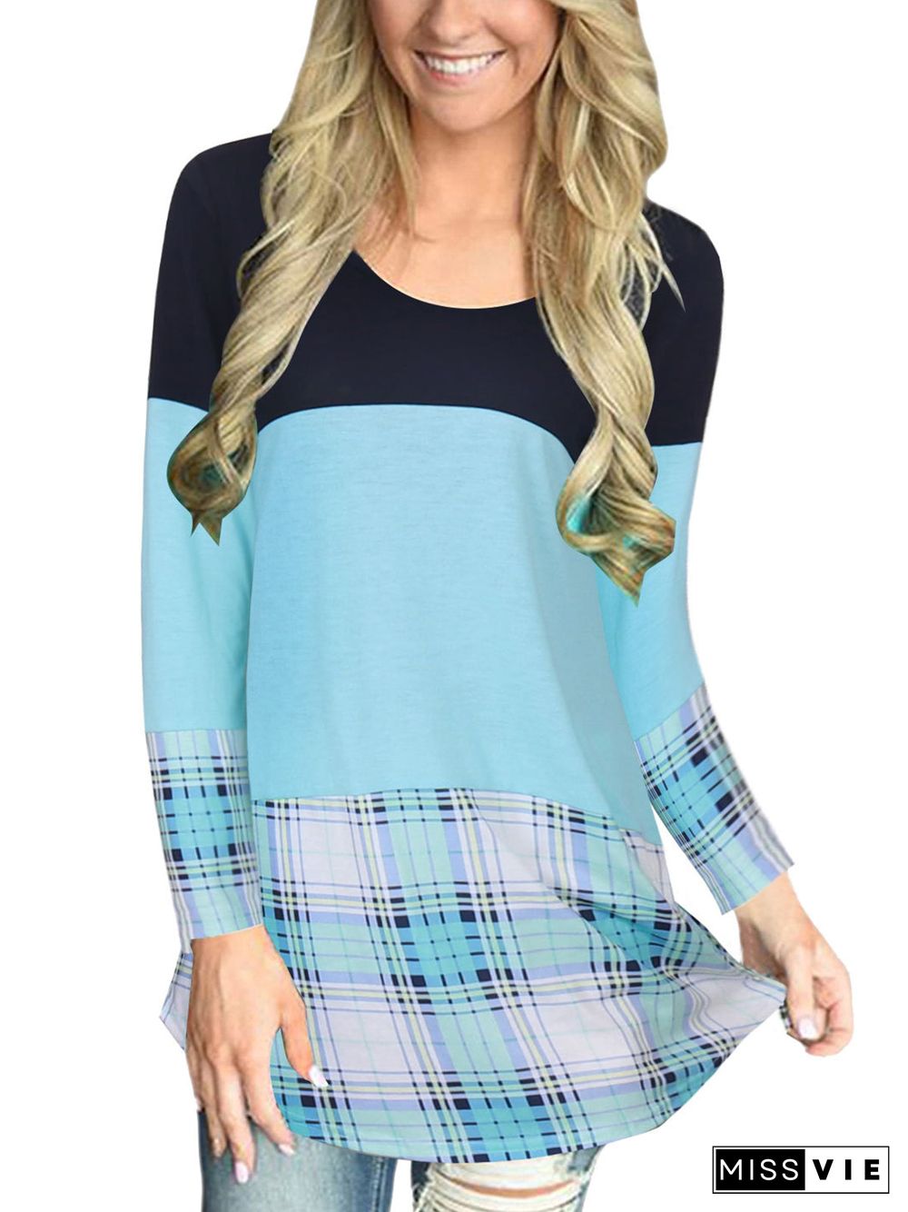 Women's Scoop Neck Long Sleeve Plaid Tops