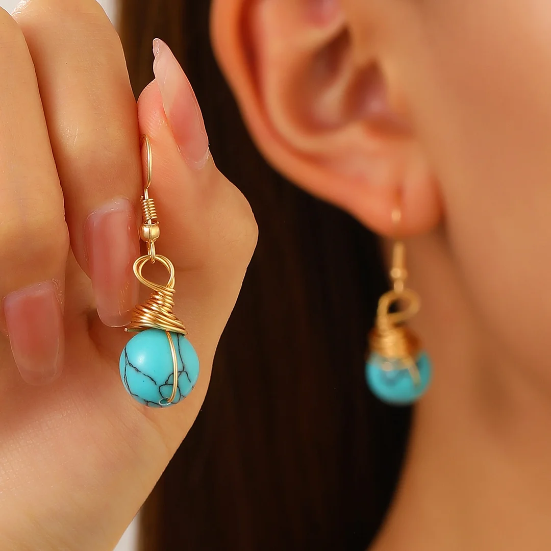 Drop Imitation Turquoise Pearl Gold-Plated Earrings