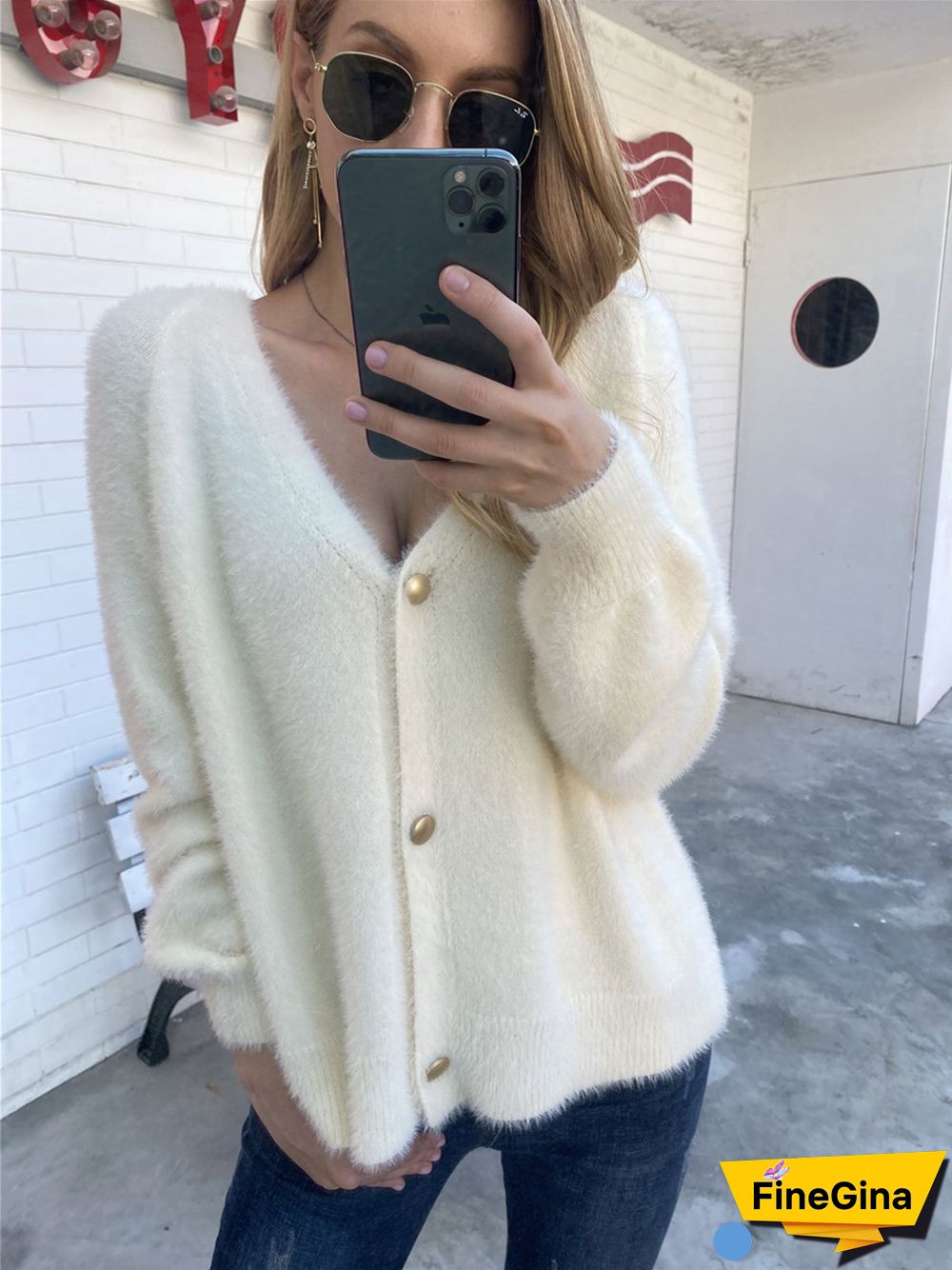 Solid Color Button V-Neck Sweater