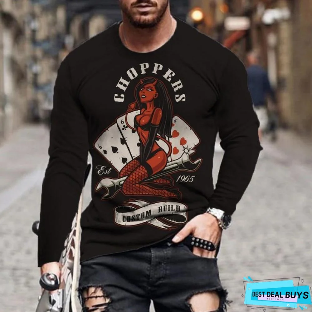 Men's Street Leisure Trend Poker Printed Flower Long Sleeve T-Shirt
