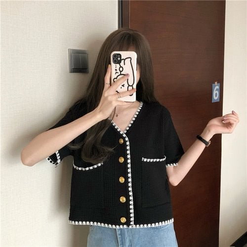 Shirts Women V-neck Knitwear Crop Tunic Short Sleeve Summer Korean Style Panelled New Arrival Open Front All-match Leisure Daily