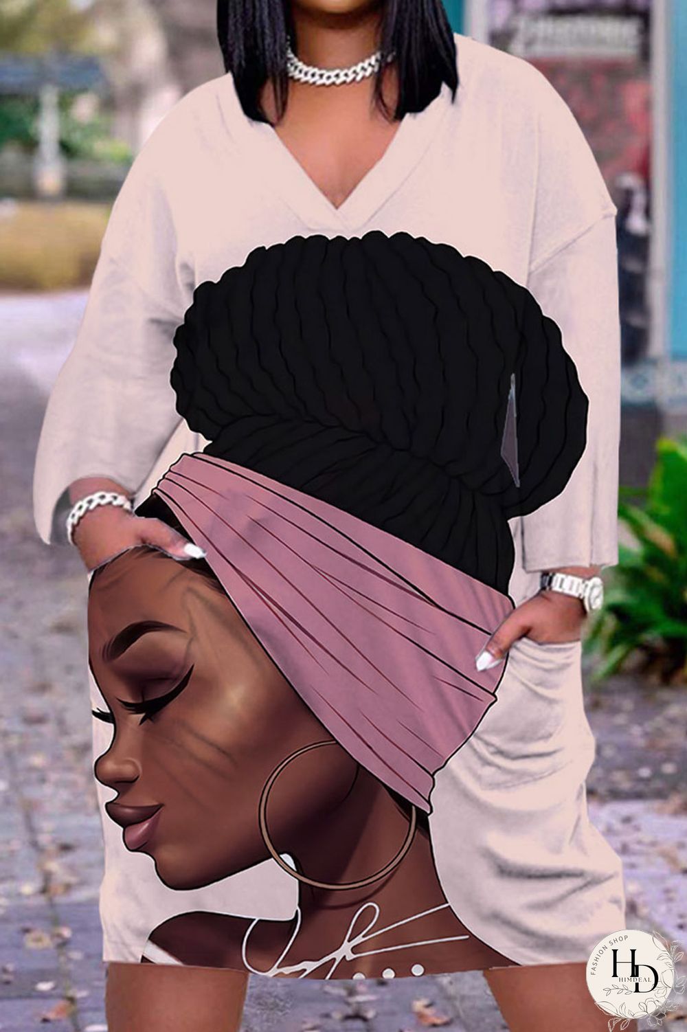 Yellow Brown Casual Print Patchwork V Neck Straight Dresses