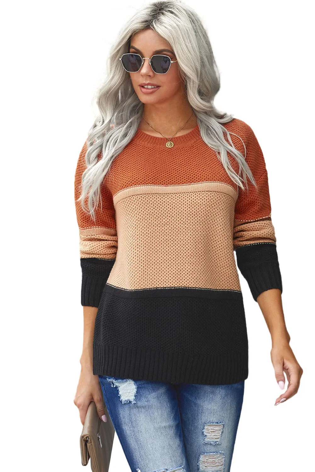Orange Color Block Netted Texture Pullover Sweater